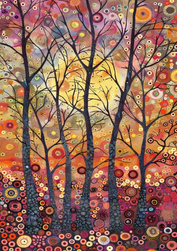 Painted forest trees with setting sun