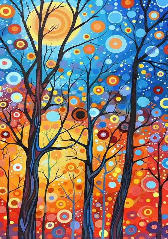 Painted trees with circles and dots in the blue sky