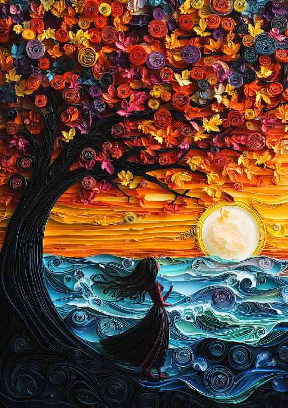 Paper swirling landscape tree and sea