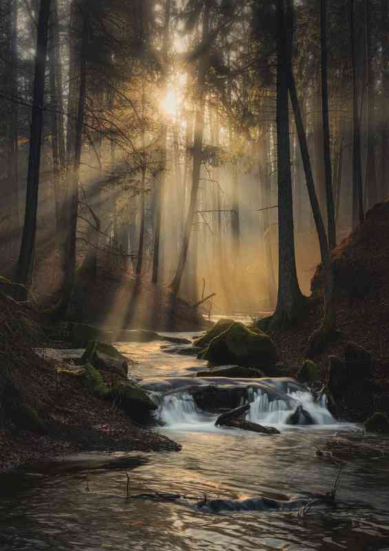 Serene forest scene river flowing