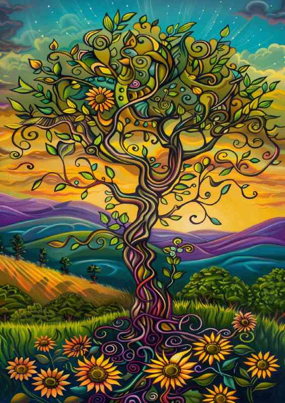 Sunflower fields and tree