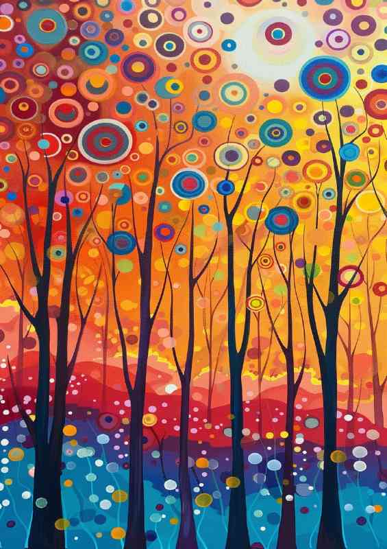 Surreal landscape of trees with colorful circles