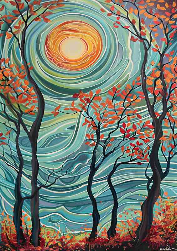 Swirling leaves in autumn with sun
