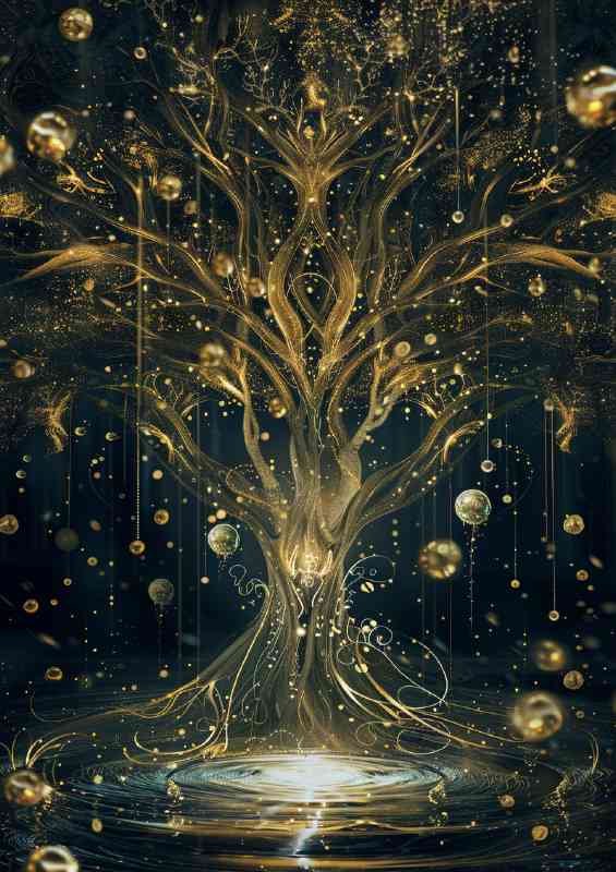Tree of life gold branches water well