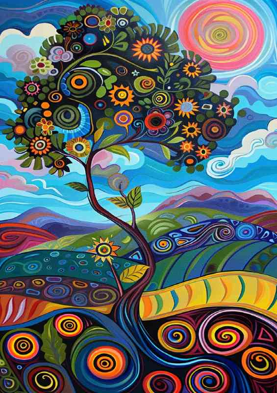 Whimsical swirls blustering tree