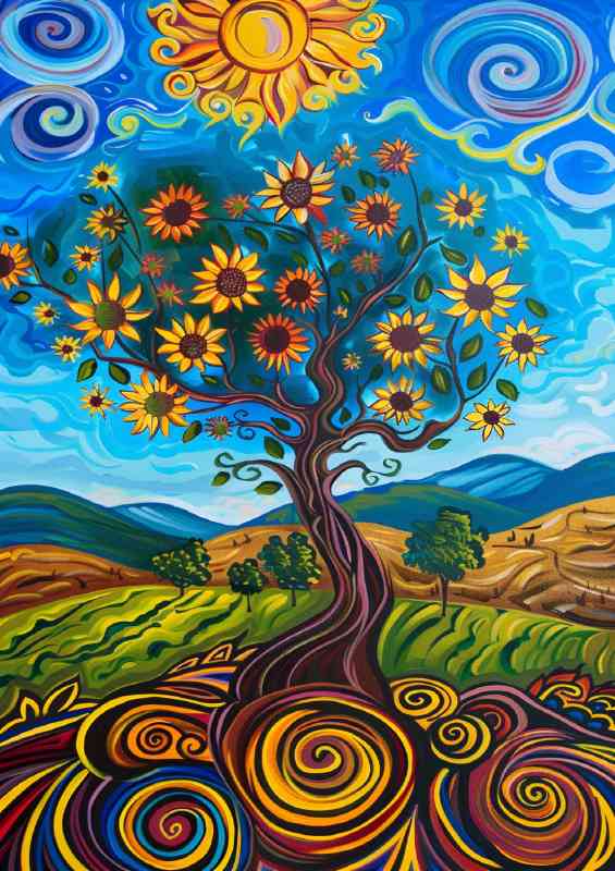 Whimsical tree surrounded by hills