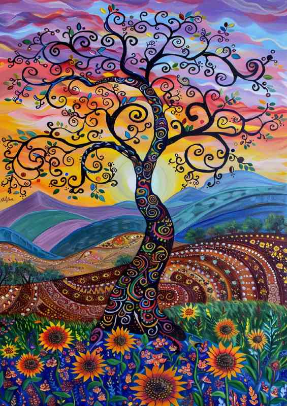 Whimsical tree with swirling branches