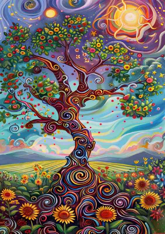 Whimsical tree with swirling branches sunflowers