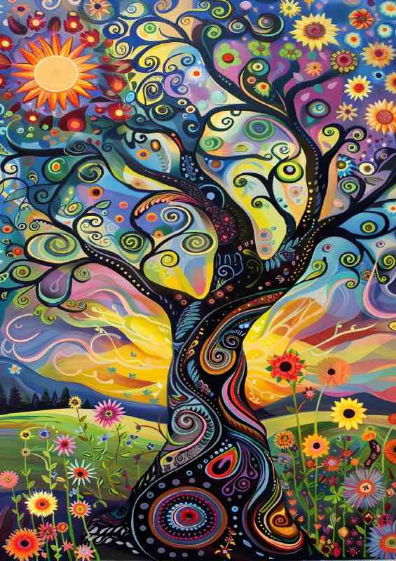Whimsical tree with swirling branches sunflowers And sun