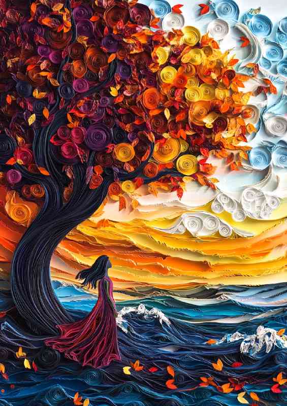 Woman by the sea under the tree