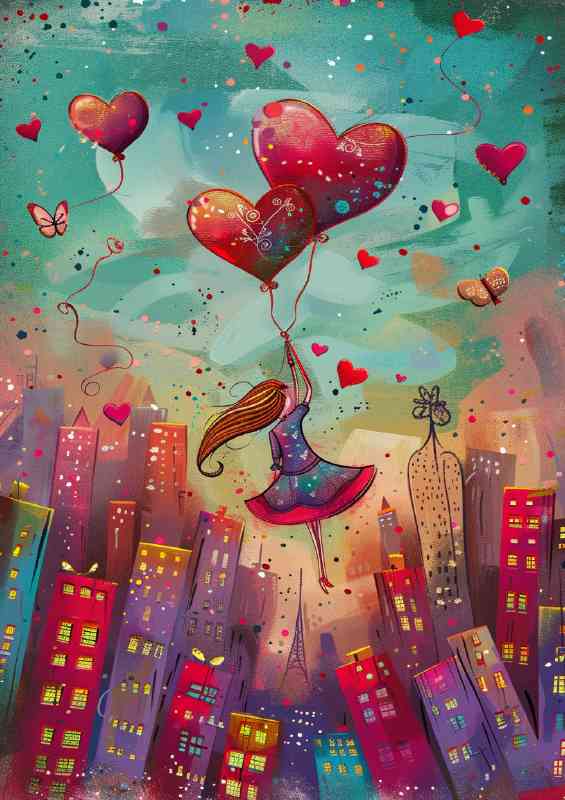 Cartoon style girl red love heart balloons