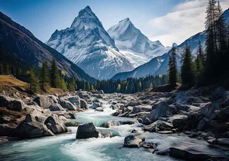 River Flows Mountian Skies