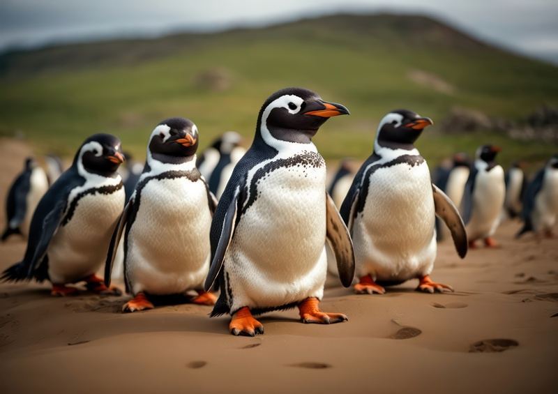 Penguins on a beach in the sand