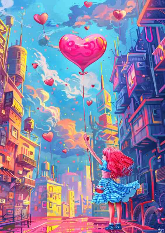 Valentines day girl holding love ballon | Metal Poster