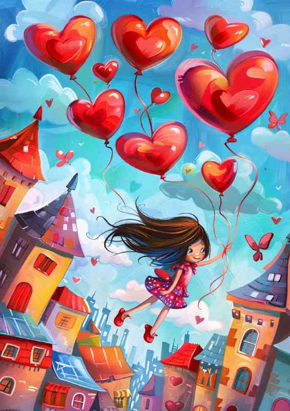 Whimsical and colorful heart ballons flying