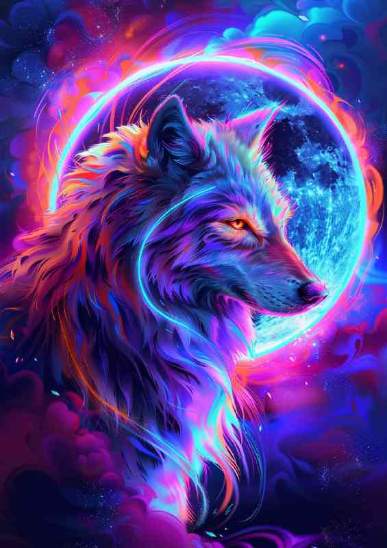 A mystical wolf under the neon style moon