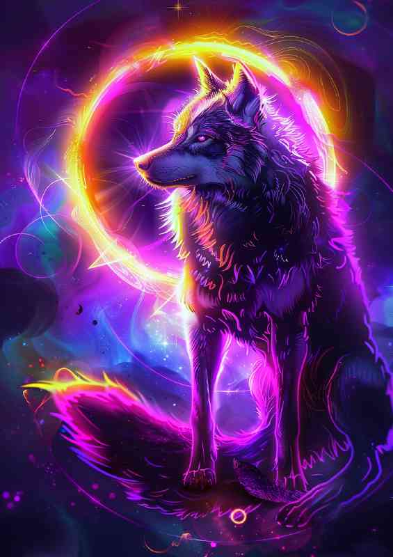A mystical wolf with vibrant fur standing