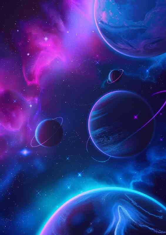 Blue and purple planets and stars in the style of neon