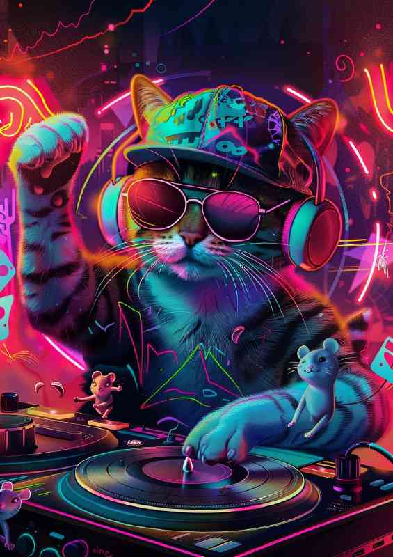 Dj cat neon music | Metal Poster