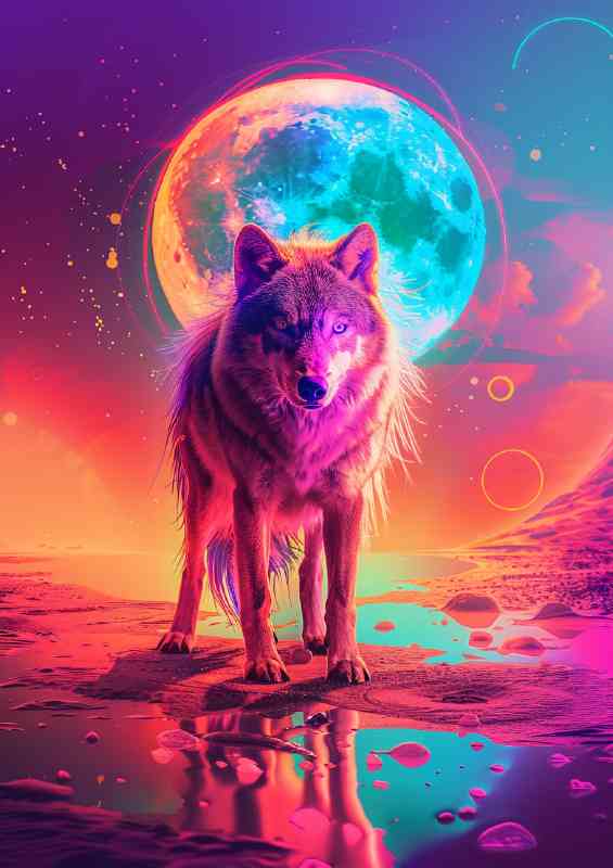 Neon style wolf in the desert