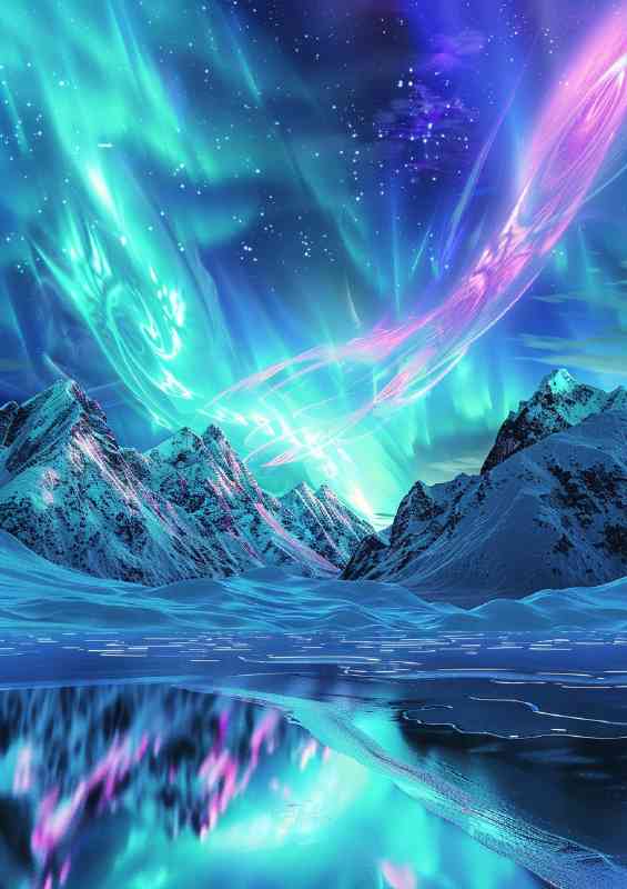 Northern Lights Over Snow Capped Mountains