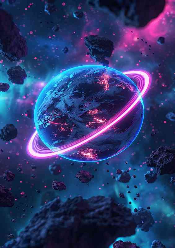 Blue planet with pink ring around it