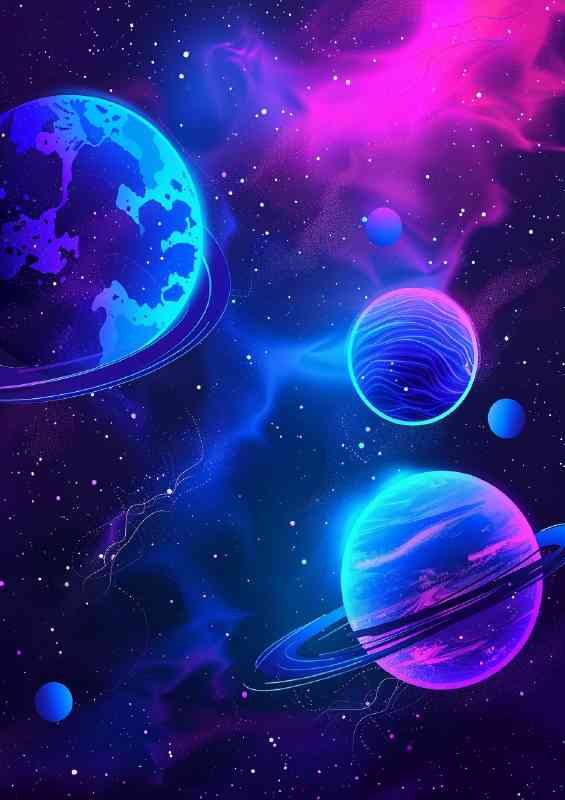 Neon blue and purple planets