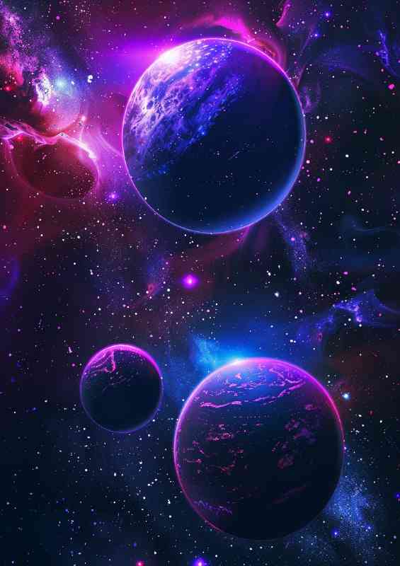 Neon blue and purple planets and stars