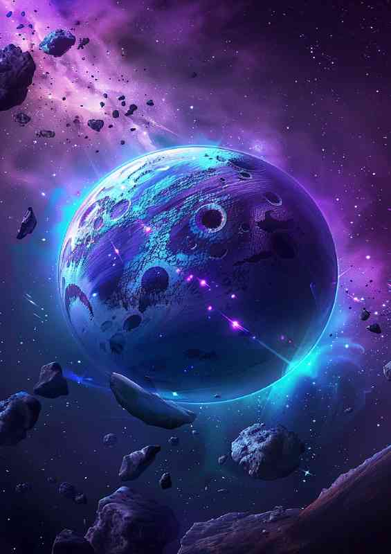 Planet purple and blue surrounded by rocks