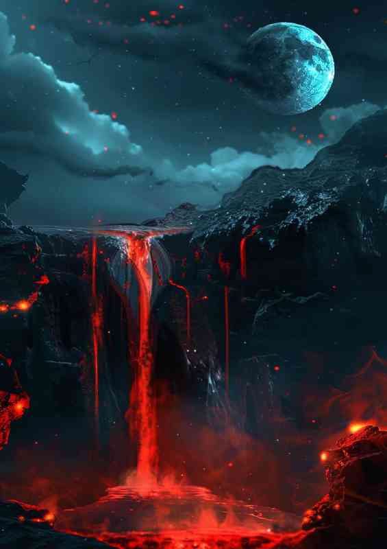 Planet with red glowing lava waterfalls