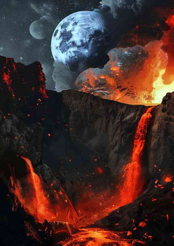 Planet with red lava waterfalls