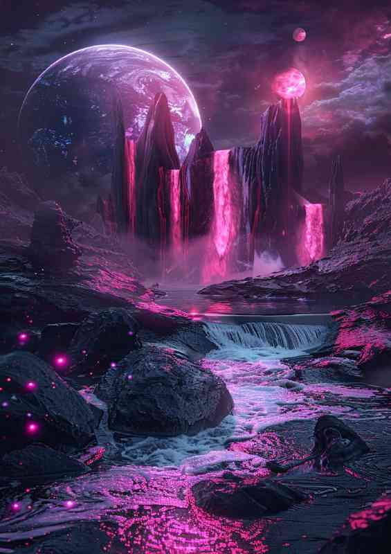 Planet with_red and pink neon waterfalls