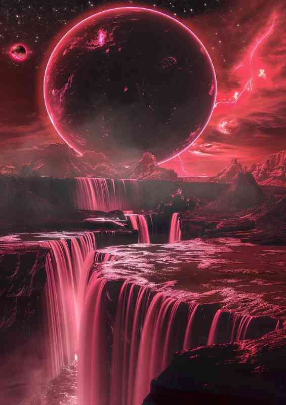 Red and pink waterfall with full moon