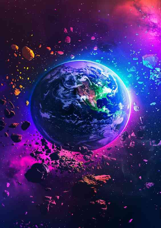 The planet Earth is surrounded by colorful neon light