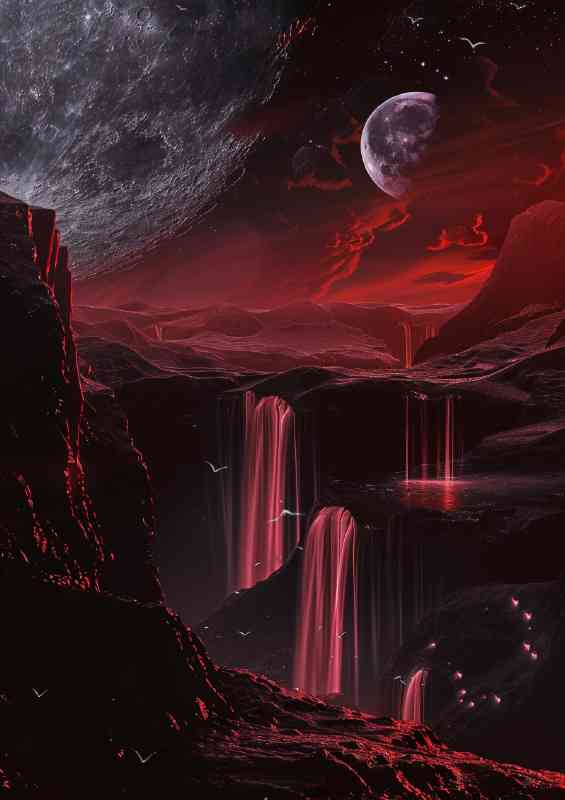 The red planet with glowing waterfalls