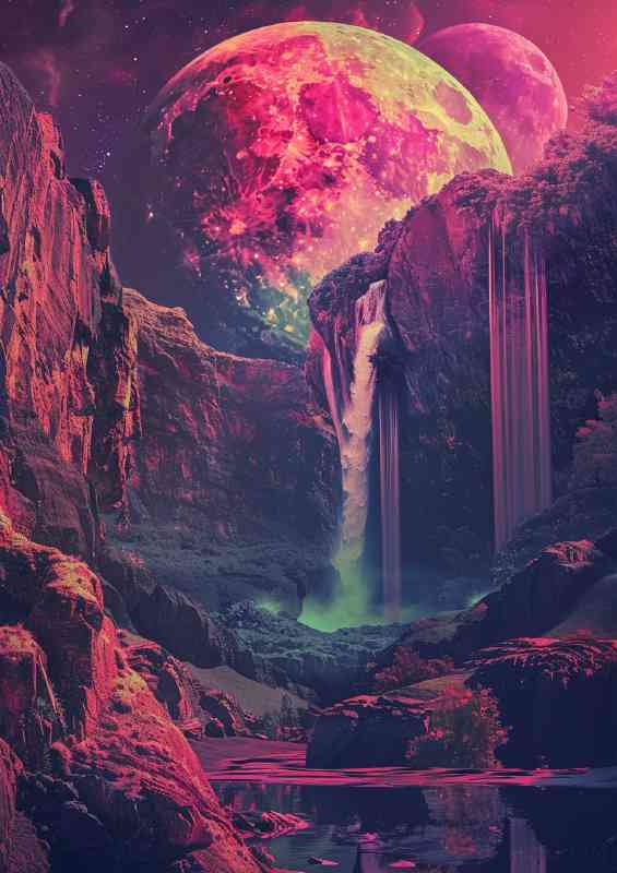 Waterfalls with the red planet in background