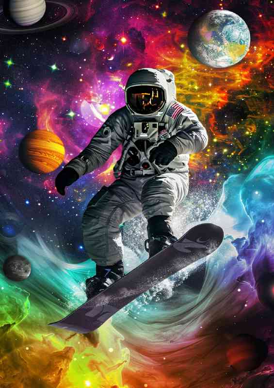snowboarder in an astronaut suit is surfing