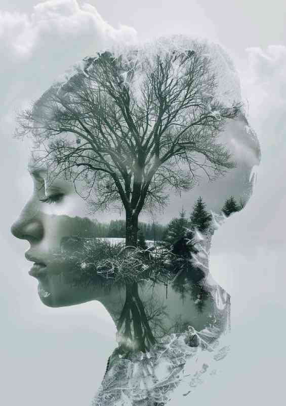 A face in winter and the woodlands