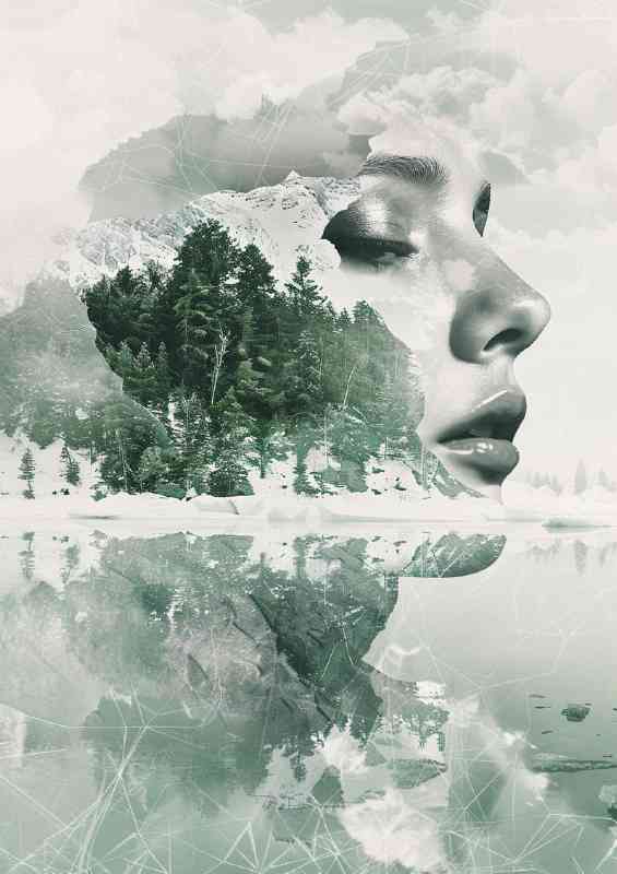 Double exposure face with clouds and trees