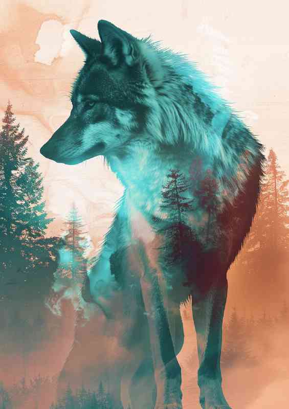 Elegant wolf in blue woodland