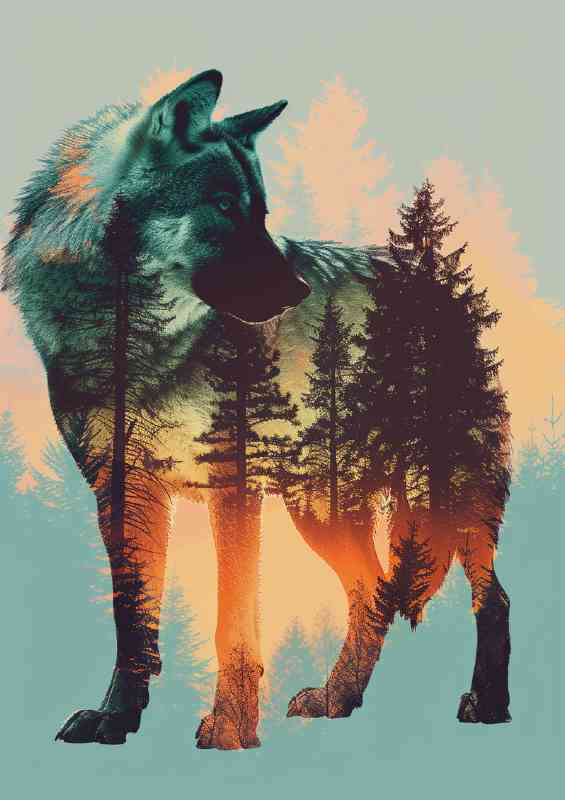 Wolf and the forest with setting sun