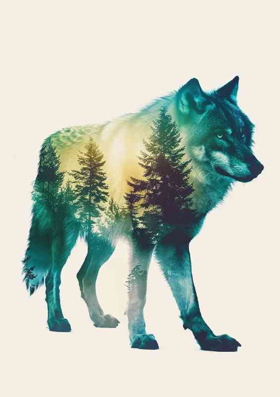 Wolf in a forest with full double exposure