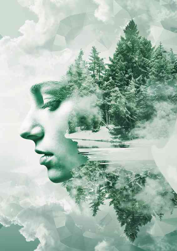Womans face with clouds and trees