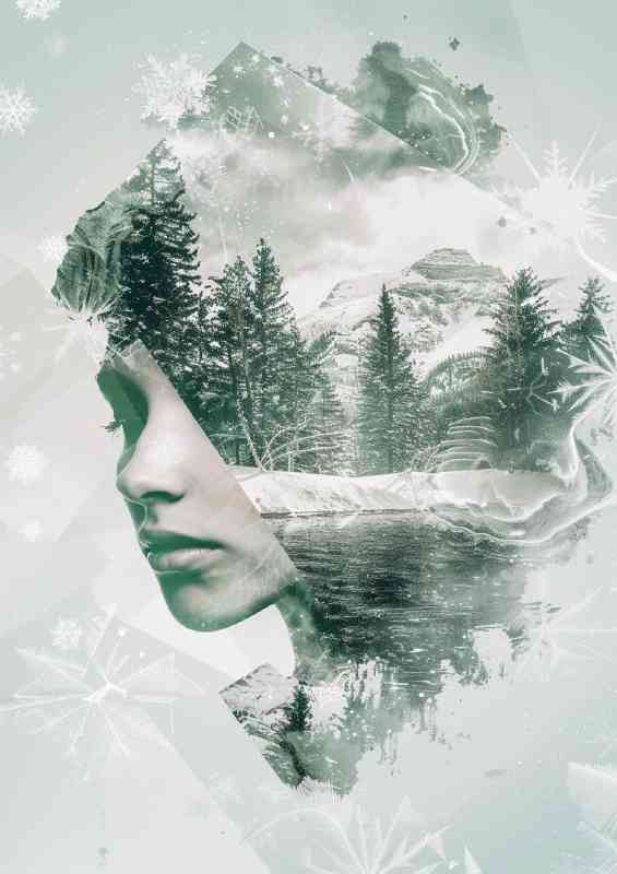 Womans face with trees and clouds