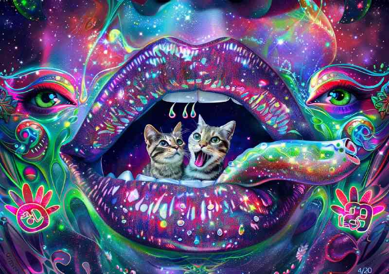Open mouth with cats and glitter