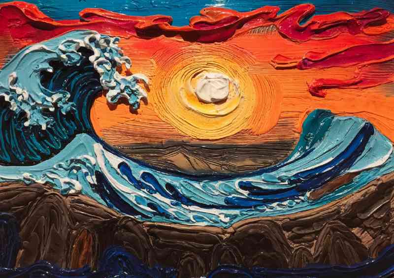 Giant painted waves in the ocean with the bright sun