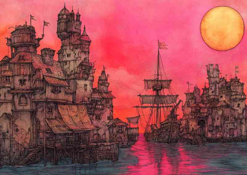 Pirate village whimsical orange sun
