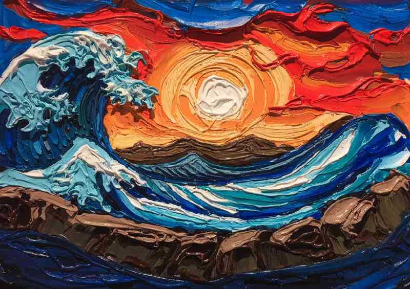 waves painted with the orange sun pallet knife art
