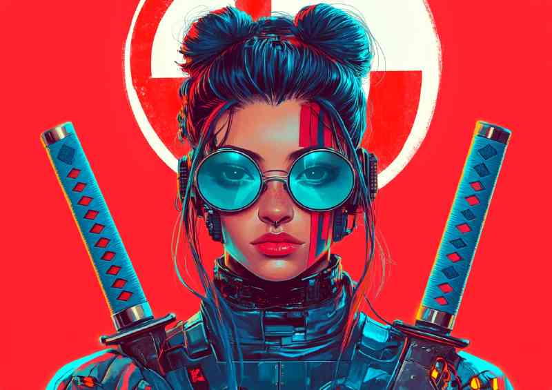 A beautiful cyberpunk samurai woman blue glasses