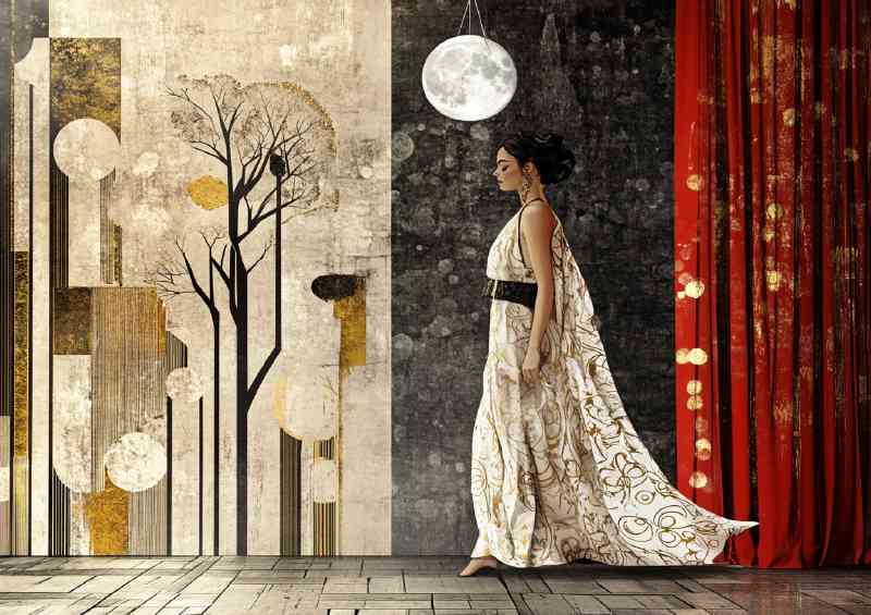 A beautiful woman walking on the catwalk red curtain